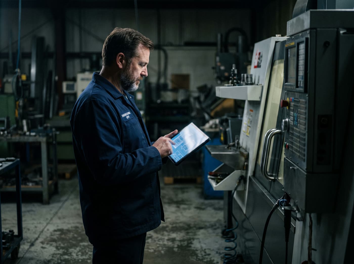 Ingeniero consultando documentación técnica en una tableta junto a una máquina CNC