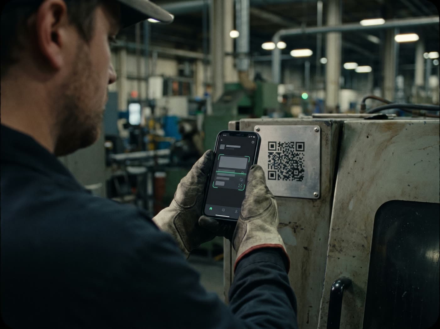 Operario con guantes escaneando con el móvil el código QR de la placa de una máquina